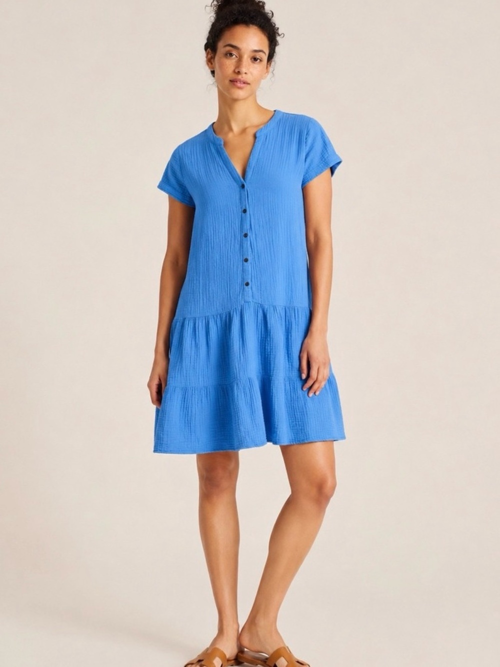 J. Jill 100% Cotton Gauze Tiered short sleeve Dress Blue Sz S
